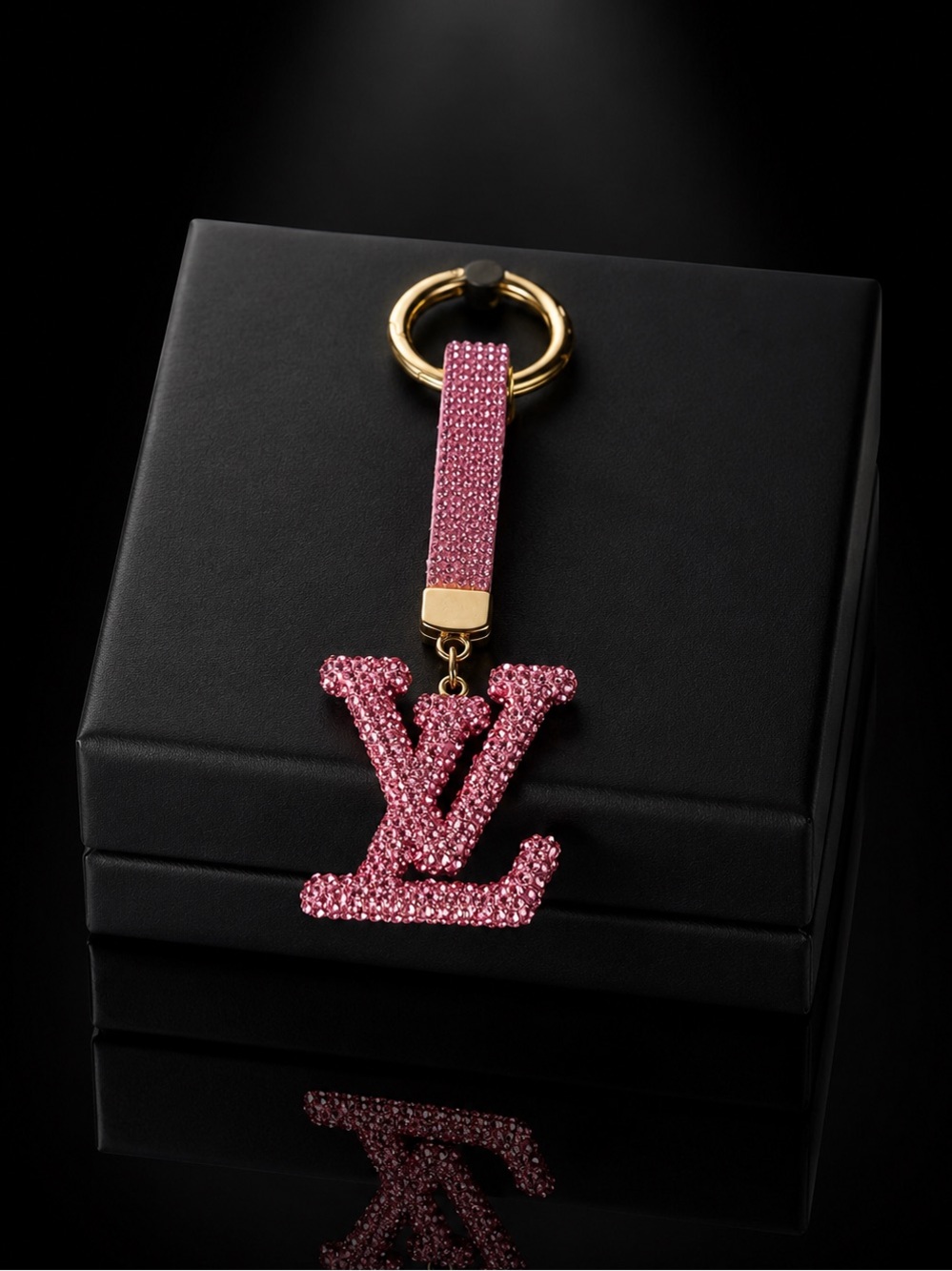 Pink Rhinestone LV Logo Keychain Charm - Gold